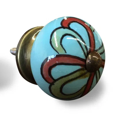 Homezia Bohemian Floral Turquoise Handprinted Set Of 8 Ceramic Knobs In Multi