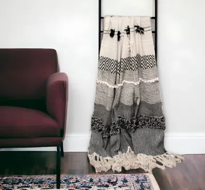 Homezia Boho Beige And Black Handloom Weave Throw With Decorative Tassels