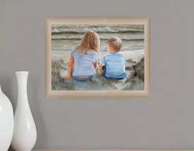Homezia Boy And Girl Sitting In Dunes Brown Framed Print Wall Art In Neutral