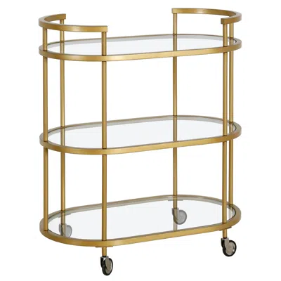 Homezia Brass Steel And Glass Oval Rolling Bar Cart In Blue