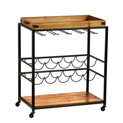 Homezia Brown And Black Metal Bar Cart With Wine Storage