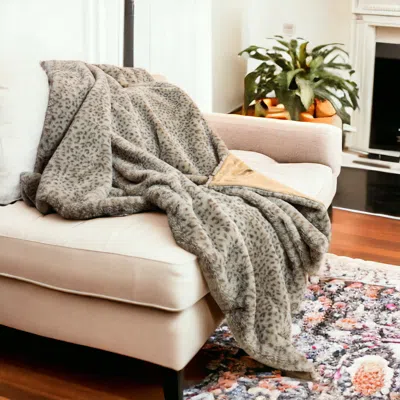 Homezia Brown Faux Fur Animal Print Plush Throw In Gray