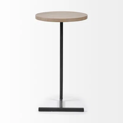 Homezia Brown Wood Round Top Accent Table With Black Iron Base