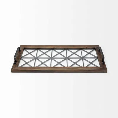 Homezia Brown Wood With Geometrically Metal Frame And Glass Bottom Tray In Multi