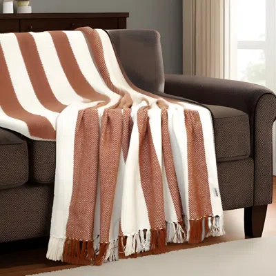 Homezia Burnt Orange Woven Cotton Striped Throw Blanket