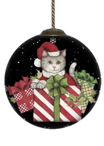Homezia Christmas Cat With Presents Hand Painted Mouth Blown Glass Ornament