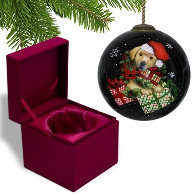 Homezia Christmas Puppy With Presents Hand Painted Mouth Blown Glass Ornament