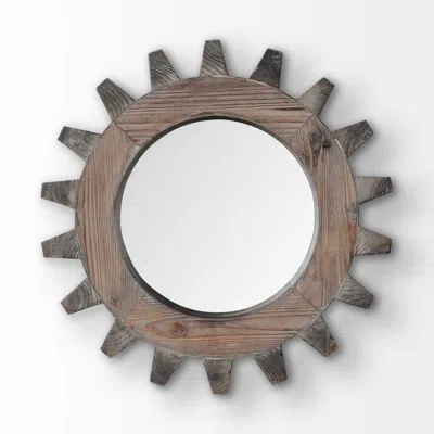 Homezia Cog 17" Round Natural Wood Frame Wall Mirror In Brown