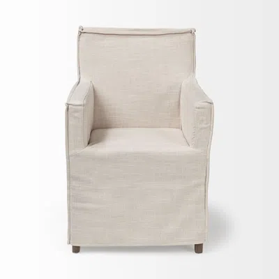 Homezia Cream And Brown Slipcovered Wood Dining Arm Chair