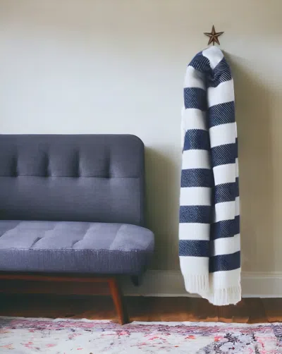 Homezia Cream And Navy Blue Slanted Stripe Fringed Throw Blanket