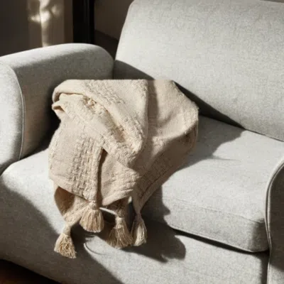 Homezia Cream Woven Cotton Solid Color Throw Blanket