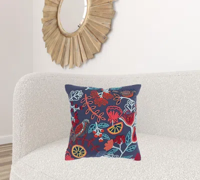Homezia Dark Blue Jacobean Bloom Embroidered Throw Pillow