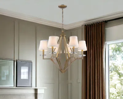 Homezia Easton 6-light Washed Gold Chandelier With Crystal Bobeches And White Fabric Shades In Brown