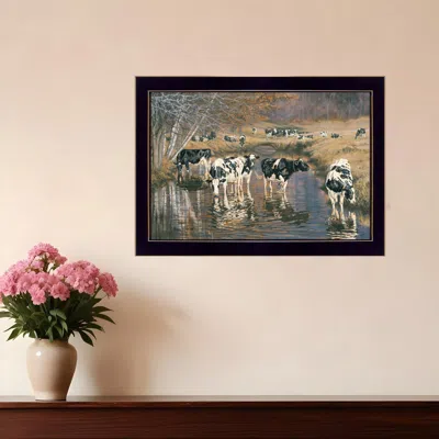 Homezia Fall Reflections Holsteins In River Black Framed Print Wall Art In Multi