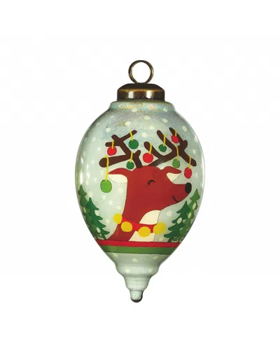 Homezia Festive Glitter Reindeer With Lights Hand Painted Mouth Blown Glass Ornament In Multi