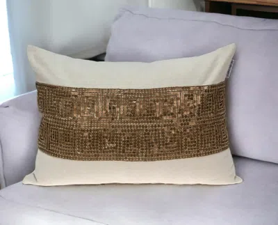 Homezia Glam Beige With Golden Sequins Lumbar Throw Pillow In Multi
