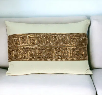 Homezia Glam Off White With Golden Sequins Lumbar Throw Pillow In Brown