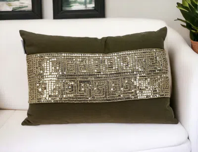 Homezia Glam Olive With Gold Sequins Lumbar Throw Pillow