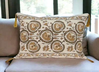 Homezia Gold And Bronze Embroidered Decorative Lumbar Pillow