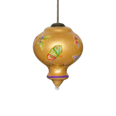 Homezia Golden Extravagant Butterflies Hand Painted Mouth Blown Glass Ornament