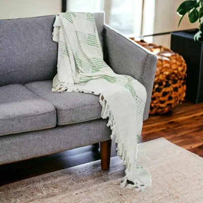 Homezia Gray And Green Woven Cotton Throw Blanket With Fringe