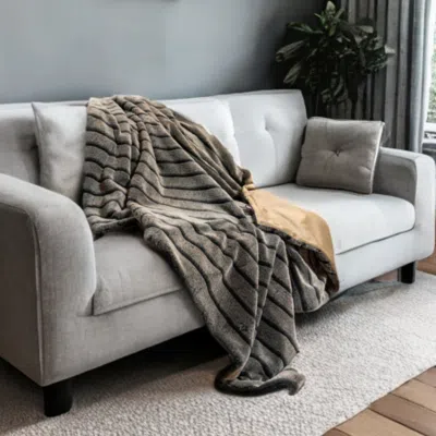 Homezia Gray Faux Fur Striped Plush Throw
