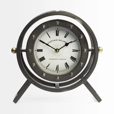 Homezia Gray Metal Circular Desk Table Clock With Rivet Detail Frame In Animal Print