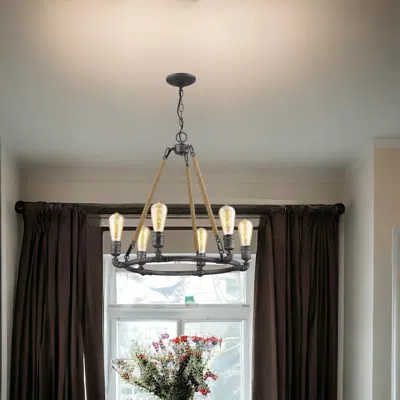 Homezia Grayson 6-light Antique Gray Chandelier With Jute Wrapped Uprights In Multi