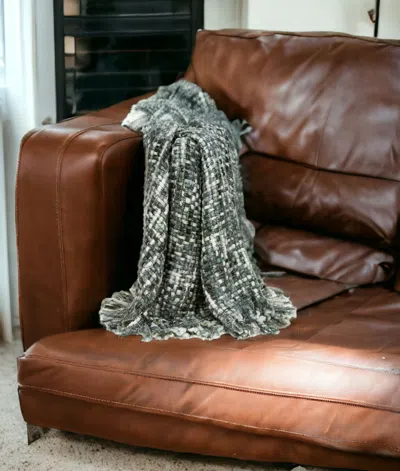Homezia Green And White Knitted Cotton Blend Abstract Throw Blanket With Fringe