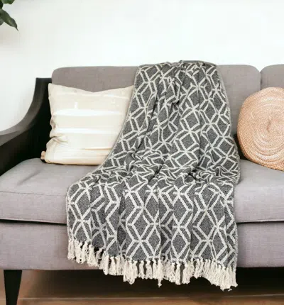 Homezia Grey And Beige Handloom Geometric Woven Throw Blanket