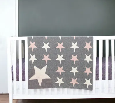 Homezia Grey Ivory And Pink Stars Knitted Baby Blanket In White