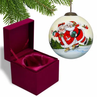 Homezia Ice Skating Mr. And Mrs. Santa Hand Painted Mouth Blown Glass Ornament In Multi