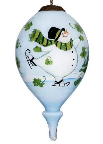 Homezia Ice Skating Shamrock Snowman Hand Painted Mouth Blown Glass Ornament In Blue