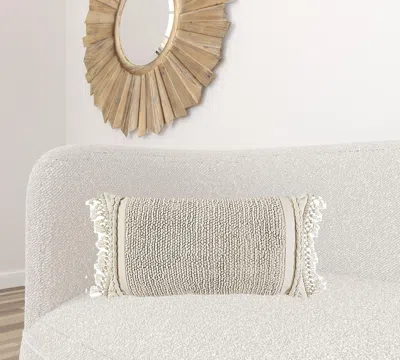 Homezia Ivory Braided Stripe Macrame Fringe Lumbar Pillow