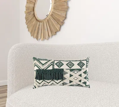 Homezia Ivory Green Geometric Boho Chic Lumbar Pillow