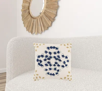 Homezia Ivory Navy Embroidered Tassel Throw Pillow