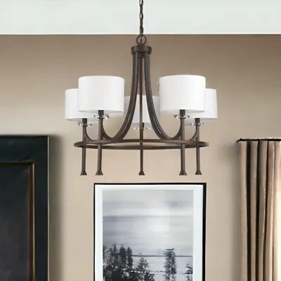 Homezia Kara 5-light Oil-rubbed Bronze Chandelier With Fabric Shades And Crystal Bobeches In White
