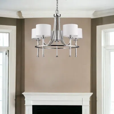 Homezia Kara 5-light Polished Nickel Chandelier With Fabric Shades And Crystal Bobeches In Blue