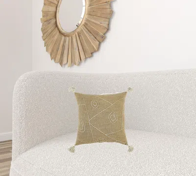 Homezia Khaki Cream Kantha Stitch Tasseled Throw Pillow