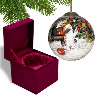 Homezia Kitten Under The Christmas Tree Hand Painted Mouth Blown Glass Ornament