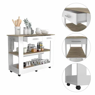 Homezia Light Oak And White Kitchen Island With Drawer Shelves And Casters