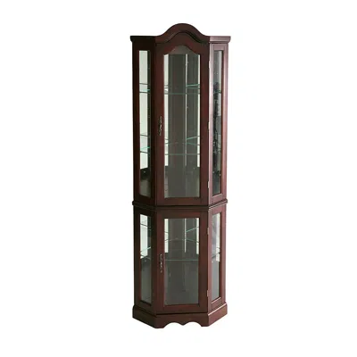 Homezia Mahogany Scallop Top Lighted Corner Curio Cabinet
