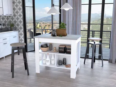 Homezia Marble And White Kitchen Island With Three Storage Shelves