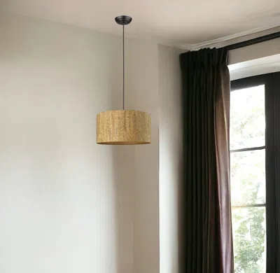 Homezia Matte Black Cork Shade Modern One Light Hanging Pendent Lamp In Neutral