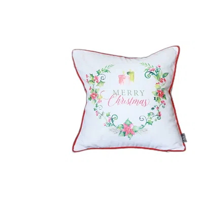 Homezia Merry Christmas Wreath Square Decorative Throw Pillow Cover In White