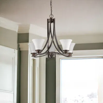 Homezia Mia 5-light Oil-rubbed Bronze Chandelier With Etched Glass Shades In Black