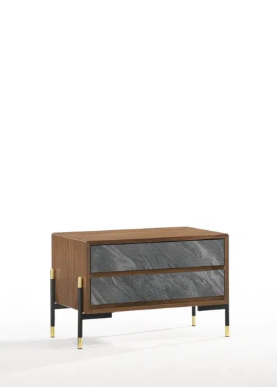 Homezia Mid Century Walnut And Gray Faux Marble Two Drawer Nightstand In Brown