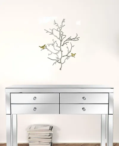 Homezia Modern 22" Silver Branch And Golden Birds Wall Art In Gray