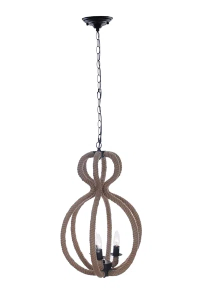 Homezia Natural And Black Iron And Rope Three Light Ceiling Light In Brown