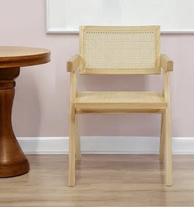 Homezia Natural Wood Open Back Dining Arm Chair In Black